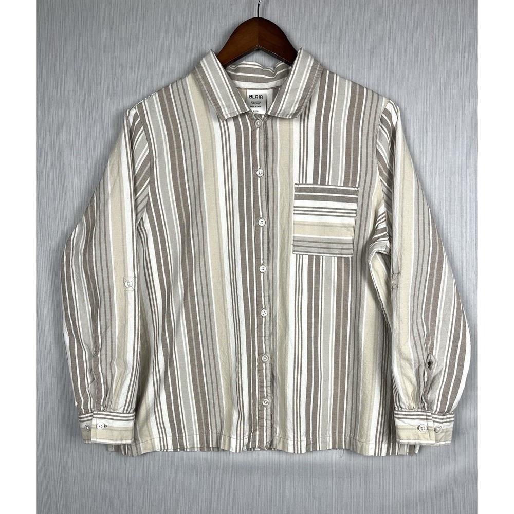 Cotton‎ Linen Button Down Women L Tan Striped Blair Roll Tab Sleeve Minimal